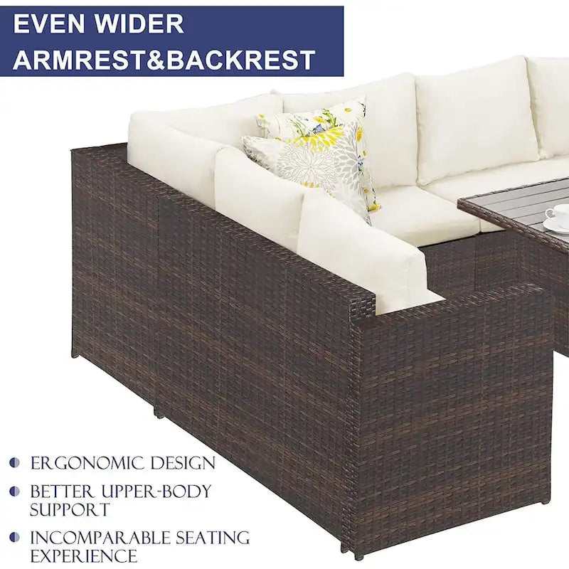 Ensemble de mobilier de patio 7 pièces, canapé d'angle d'extérieur, ensemble de conversation en rotin résistant aux intempéries avec table haute et pouf