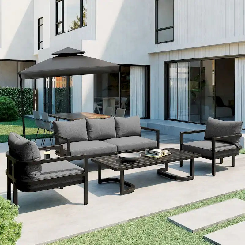 Ensemble de mobilier de patio, ensemble de canapé d'extérieur en acier 5 pièces, ensemble de conversation tout temps avec table basse et 2 chaises individuelles