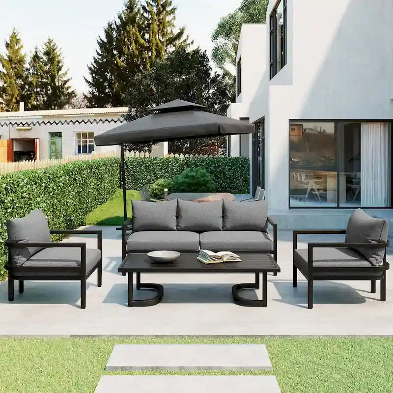 Ensemble de mobilier de patio, ensemble de canapé d'extérieur en acier 5 pièces, ensemble de conversation tout temps avec table basse et 2 chaises individuelles