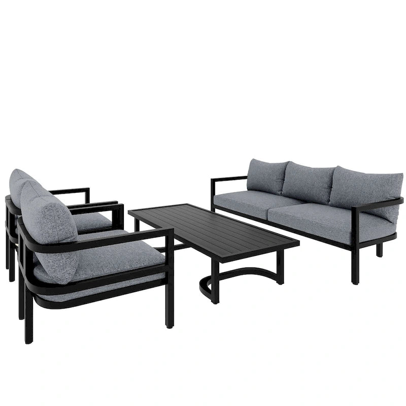 Ensemble de mobilier de patio, ensemble de canapé d'extérieur en acier 5 pièces, ensemble de conversation tout temps avec table basse et 2 chaises individuelles