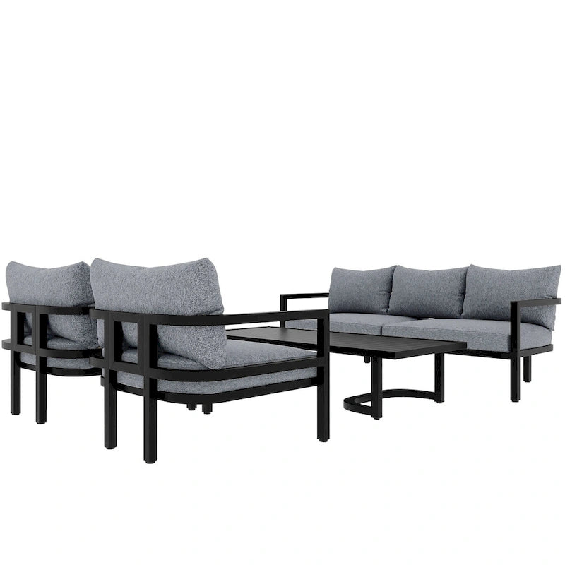 Ensemble de mobilier de patio, ensemble de canapé d'extérieur en acier 5 pièces, ensemble de conversation tout temps avec table basse et 2 chaises individuelles