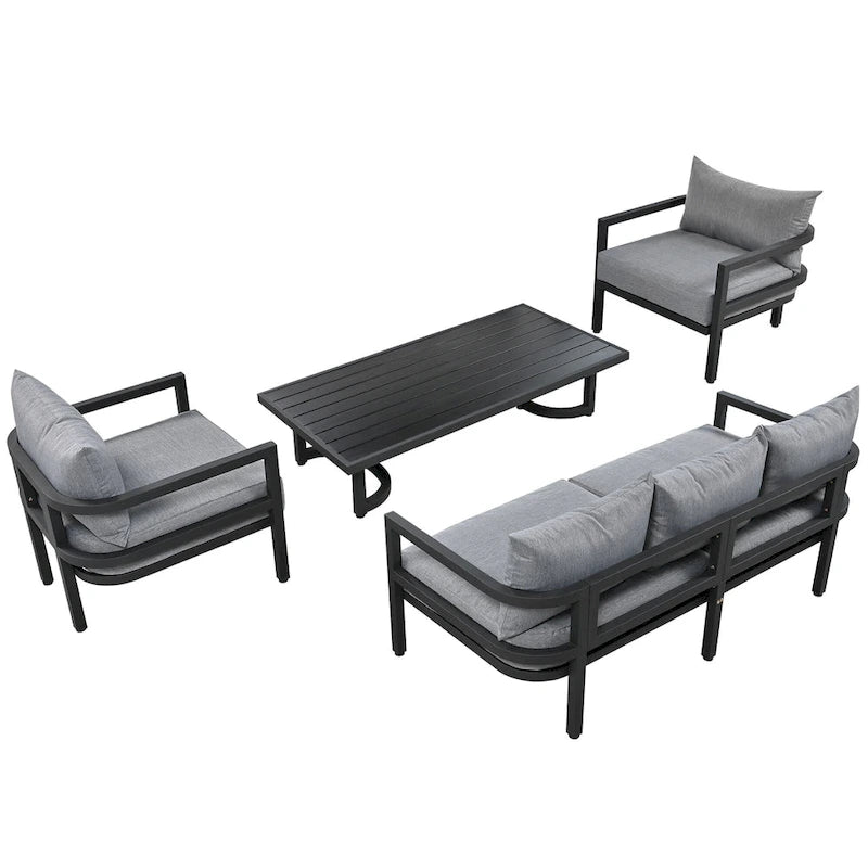 Ensemble de mobilier de patio, ensemble de canapé d'extérieur en acier 5 pièces, ensemble de conversation tout temps avec table basse et 2 chaises individuelles