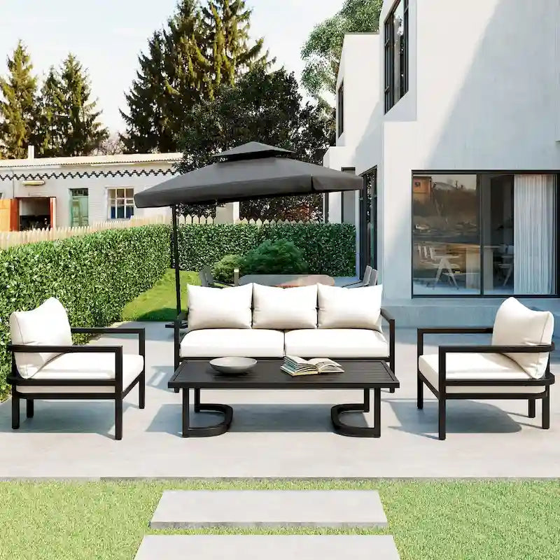 Ensemble de mobilier de patio, ensemble de canapé d'extérieur en acier 5 pièces, ensemble de conversation tout temps avec table basse et 2 chaises individuelles