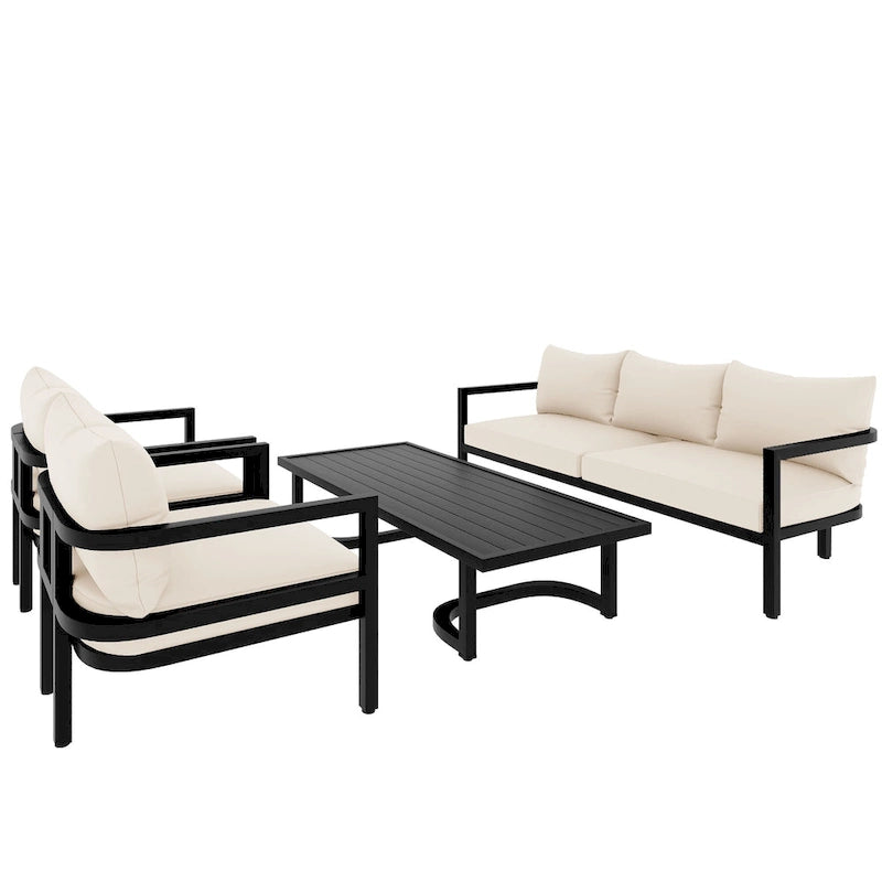 Ensemble de mobilier de patio, ensemble de canapé d'extérieur en acier 5 pièces, ensemble de conversation tout temps avec table basse et 2 chaises individuelles