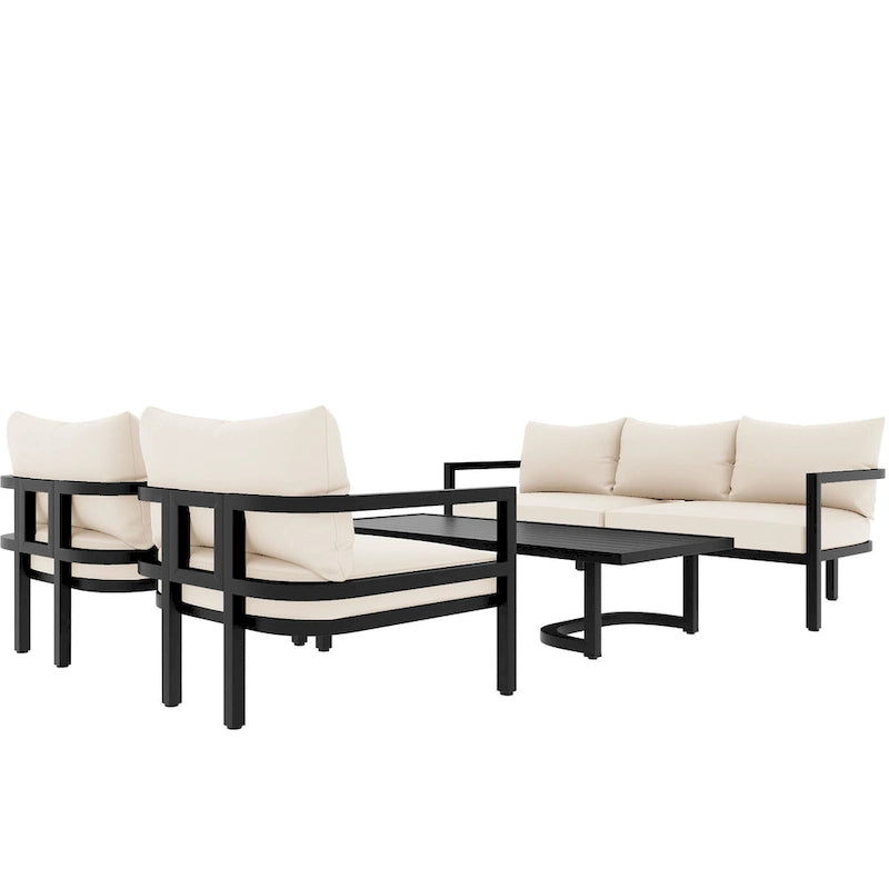 Ensemble de mobilier de patio, ensemble de canapé d'extérieur en acier 5 pièces, ensemble de conversation tout temps avec table basse et 2 chaises individuelles