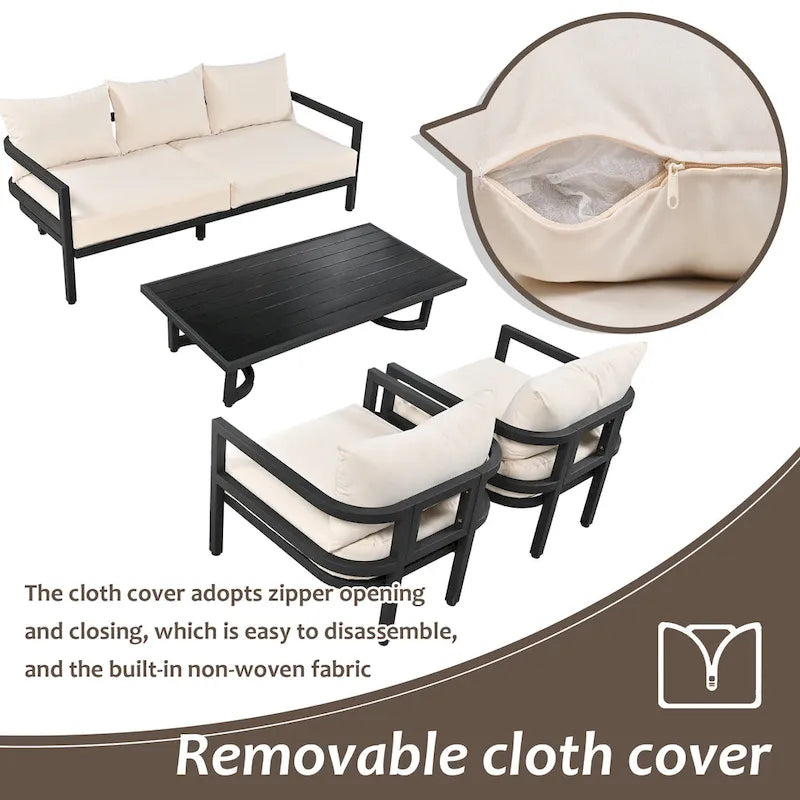 Ensemble de mobilier de patio, ensemble de canapé d'extérieur en acier 5 pièces, ensemble de conversation tout temps avec table basse et 2 chaises individuelles