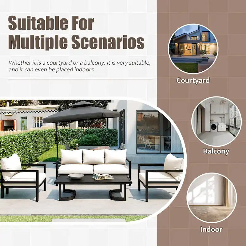 Ensemble de mobilier de patio, ensemble de canapé d'extérieur en acier 5 pièces, ensemble de conversation tout temps avec table basse et 2 chaises individuelles
