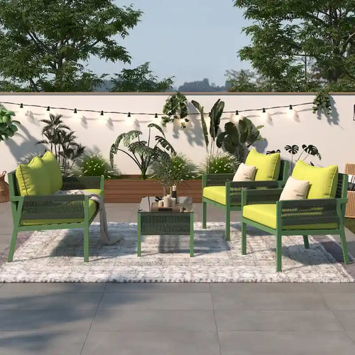 Ensemble de mobilier de patio 4 pièces, ensemble de conversation de jardin avec table en verre trempé, assises profondes et coussins épais
