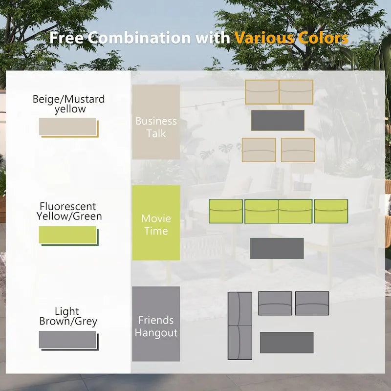 Ensemble de mobilier de patio 4 pièces, ensemble de conversation de jardin avec table en verre trempé, assises profondes et coussins épais