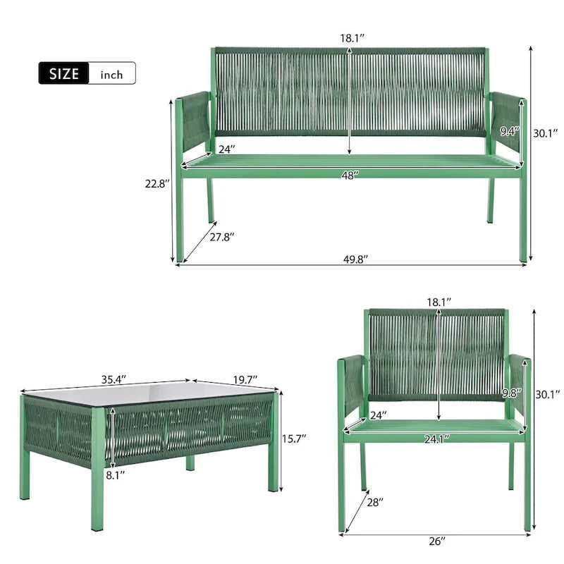 Ensemble de mobilier de patio 4 pièces, ensemble de conversation de jardin avec table en verre trempé, assises profondes et coussins épais