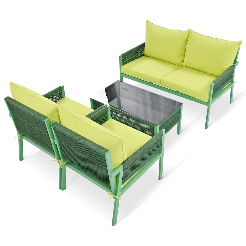 Ensemble de mobilier de patio 4 pièces, ensemble de conversation de jardin avec table en verre trempé, assises profondes et coussins épais