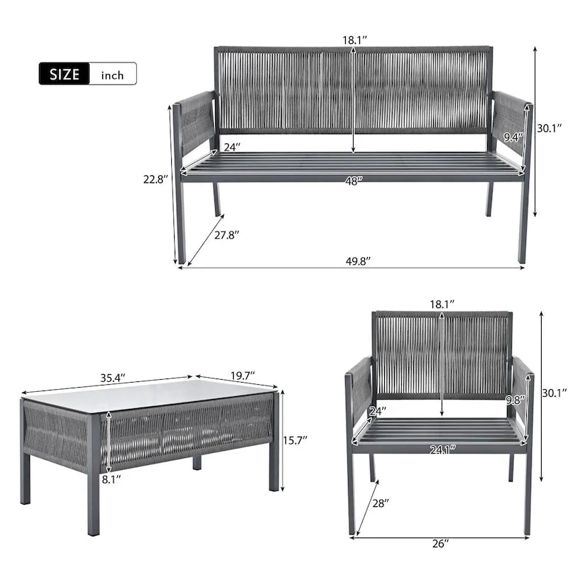Ensemble de mobilier de patio 4 pièces, ensemble de conversation de jardin avec table en verre trempé, assises profondes et coussins épais