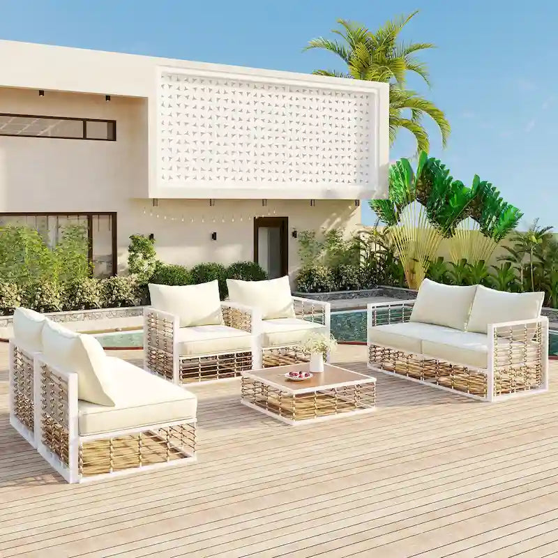 Ensemble de mobilier de patio 7 pièces, ensemble de mobilier de conversation résistant aux intempéries, ensemble de canapé d'angle pour patio avec coussins et table basse