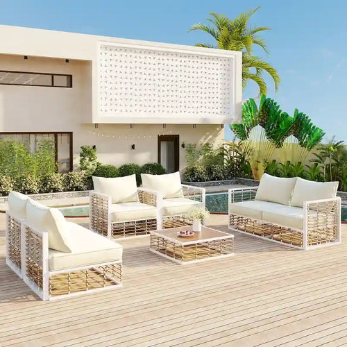 Ensemble de mobilier de patio 7 pièces, ensemble de mobilier de conversation résistant aux intempéries, ensemble de canapé d'angle pour patio avec coussins et table basse