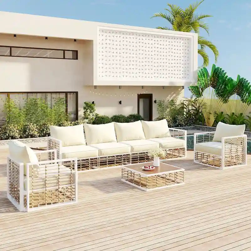 Ensemble de mobilier de patio 7 pièces, ensemble de mobilier de conversation résistant aux intempéries, ensemble de canapé d'angle pour patio avec coussins et table basse