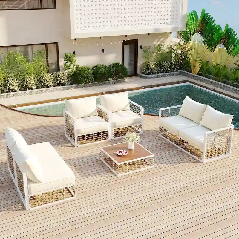 Ensemble de mobilier de patio 7 pièces, ensemble de mobilier de conversation résistant aux intempéries, ensemble de canapé d'angle pour patio avec coussins et table basse