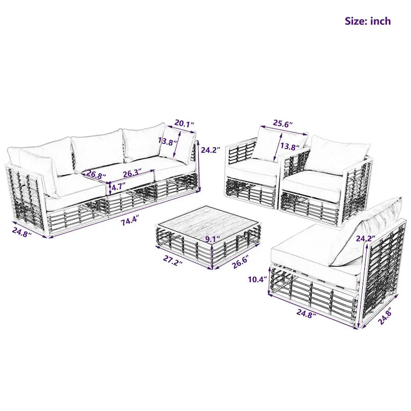 Ensemble de mobilier de patio 7 pièces, ensemble de mobilier de conversation résistant aux intempéries, ensemble de canapé d'angle pour patio avec coussins et table basse