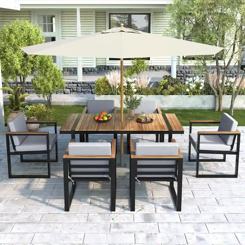 Ensemble de salle à manger et chaises d'extérieur 7 pièces en bois d'acacia, table à manger en bois avec trou pour parasol, chaises avec coussins amovibles