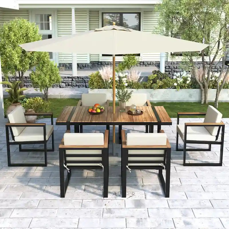 Ensemble de salle à manger et chaises d'extérieur 7 pièces en bois d'acacia, table à manger en bois avec trou pour parasol, chaises avec coussins amovibles