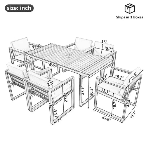 Ensemble de salle à manger et chaises d'extérieur 7 pièces en bois d'acacia, table à manger en bois avec trou pour parasol, chaises avec coussins amovibles