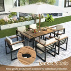 Ensemble de salle à manger et chaises d'extérieur 7 pièces en bois d'acacia, table à manger en bois avec trou pour parasol, chaises avec coussins amovibles