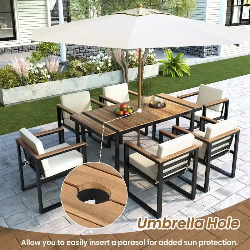Ensemble de salle à manger et chaises d'extérieur 7 pièces en bois d'acacia, table à manger en bois avec trou pour parasol, chaises avec coussins amovibles