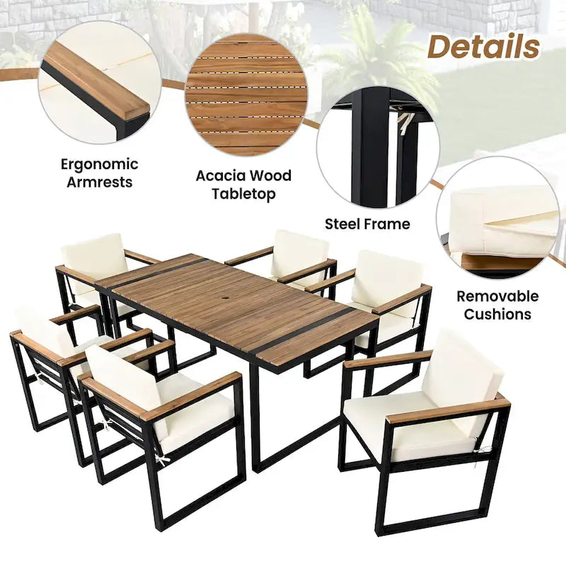 Ensemble de salle à manger et chaises d'extérieur 7 pièces en bois d'acacia, table à manger en bois avec trou pour parasol, chaises avec coussins amovibles