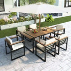 Ensemble de salle à manger et chaises d'extérieur 7 pièces en bois d'acacia, table à manger en bois avec trou pour parasol, chaises avec coussins amovibles
