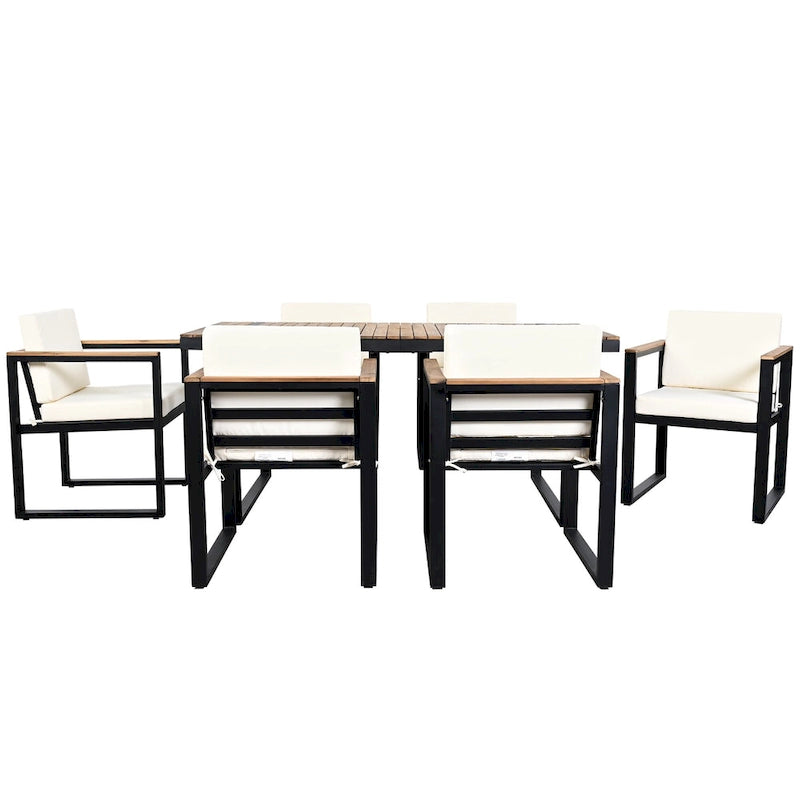 Ensemble de salle à manger et chaises d'extérieur 7 pièces en bois d'acacia, table à manger en bois avec trou pour parasol, chaises avec coussins amovibles