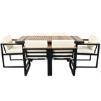 Ensemble de salle à manger et chaises d'extérieur 7 pièces en bois d'acacia, table à manger en bois avec trou pour parasol, chaises avec coussins amovibles