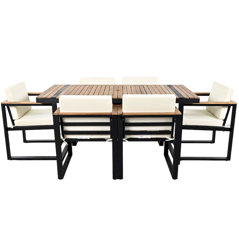 Ensemble de salle à manger et chaises d'extérieur 7 pièces en bois d'acacia, table à manger en bois avec trou pour parasol, chaises avec coussins amovibles