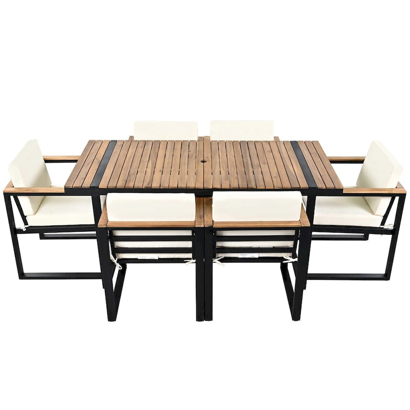 Ensemble de salle à manger et chaises d'extérieur 7 pièces en bois d'acacia, table à manger en bois avec trou pour parasol, chaises avec coussins amovibles