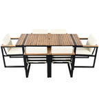Ensemble de salle à manger et chaises d'extérieur 7 pièces en bois d'acacia, table à manger en bois avec trou pour parasol, chaises avec coussins amovibles