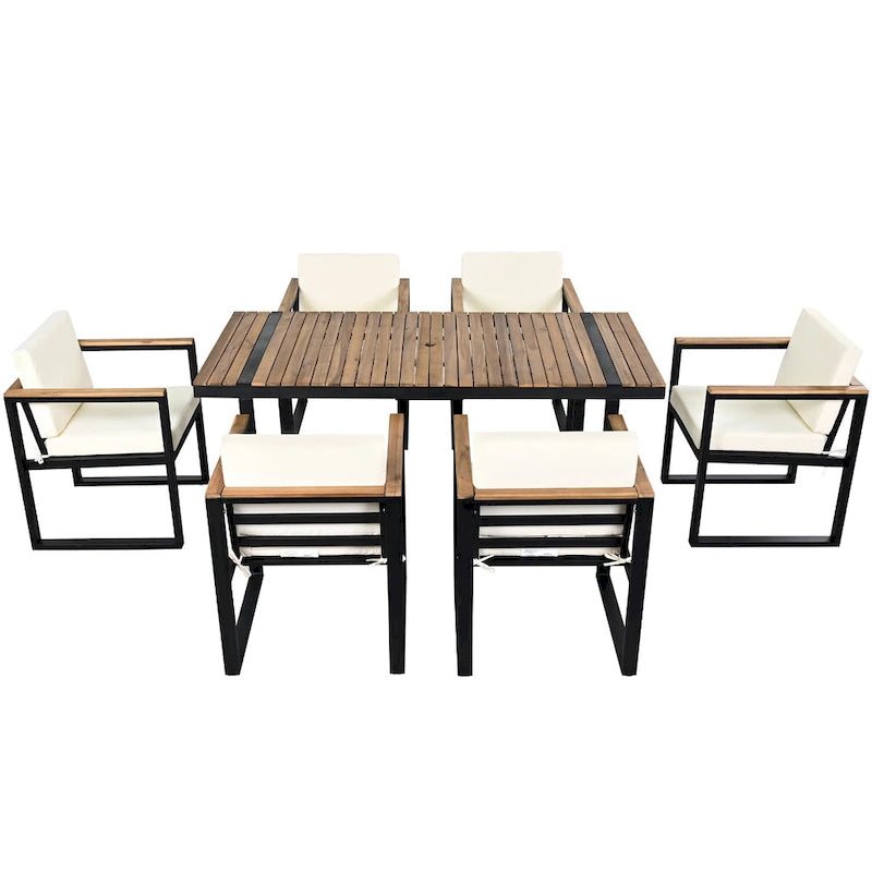 Ensemble de salle à manger et chaises d'extérieur 7 pièces en bois d'acacia, table à manger en bois avec trou pour parasol, chaises avec coussins amovibles