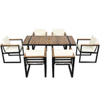 Ensemble de salle à manger et chaises d'extérieur 7 pièces en bois d'acacia, table à manger en bois avec trou pour parasol, chaises avec coussins amovibles