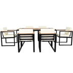 Ensemble de salle à manger et chaises d'extérieur 7 pièces en bois d'acacia, table à manger en bois avec trou pour parasol, chaises avec coussins amovibles