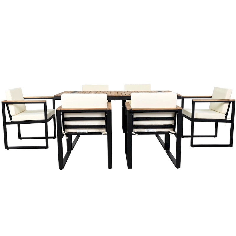 Ensemble de salle à manger et chaises d'extérieur 7 pièces en bois d'acacia, table à manger en bois avec trou pour parasol, chaises avec coussins amovibles