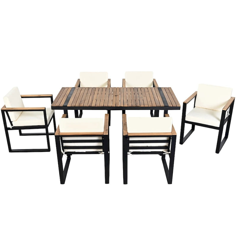 Ensemble de salle à manger et chaises d'extérieur 7 pièces en bois d'acacia, table à manger en bois avec trou pour parasol, chaises avec coussins amovibles