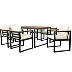 Ensemble de salle à manger et chaises d'extérieur 7 pièces en bois d'acacia, table à manger en bois avec trou pour parasol, chaises avec coussins amovibles