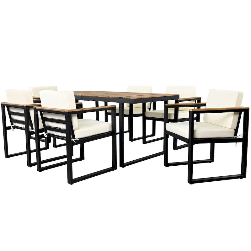 Ensemble de salle à manger et chaises d'extérieur 7 pièces en bois d'acacia, table à manger en bois avec trou pour parasol, chaises avec coussins amovibles