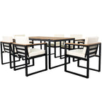 Ensemble de salle à manger et chaises d'extérieur 7 pièces en bois d'acacia, table à manger en bois avec trou pour parasol, chaises avec coussins amovibles
