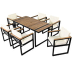 Ensemble de salle à manger et chaises d'extérieur 7 pièces en bois d'acacia, table à manger en bois avec trou pour parasol, chaises avec coussins amovibles