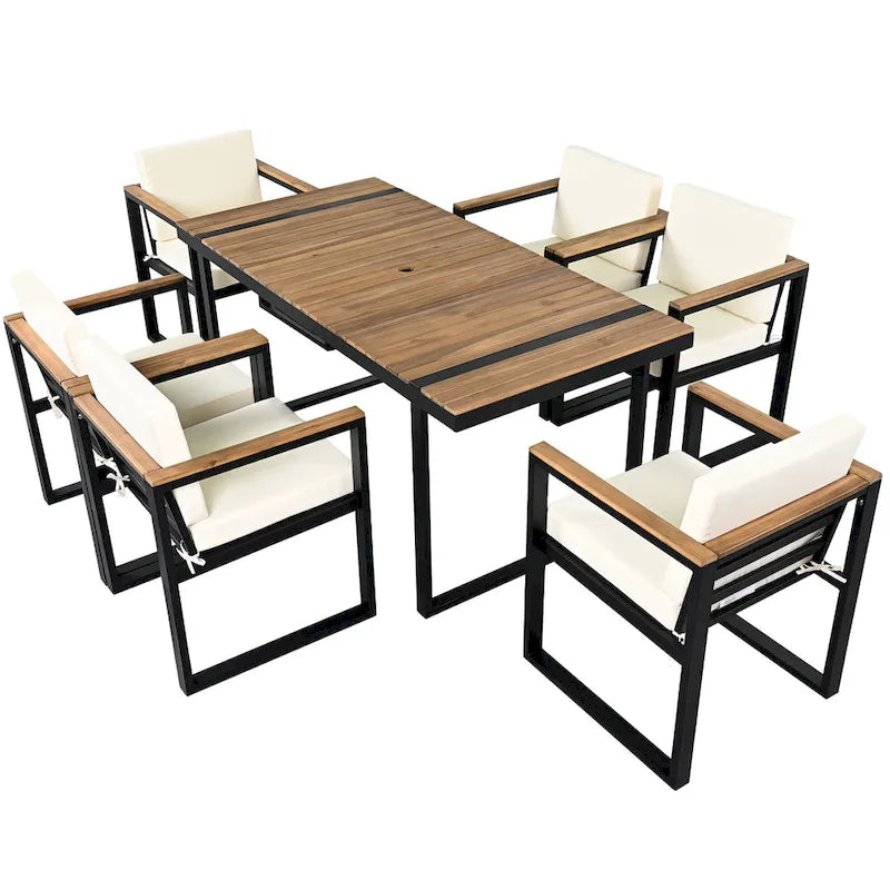 Ensemble de salle à manger et chaises d'extérieur 7 pièces en bois d'acacia, table à manger en bois avec trou pour parasol, chaises avec coussins amovibles