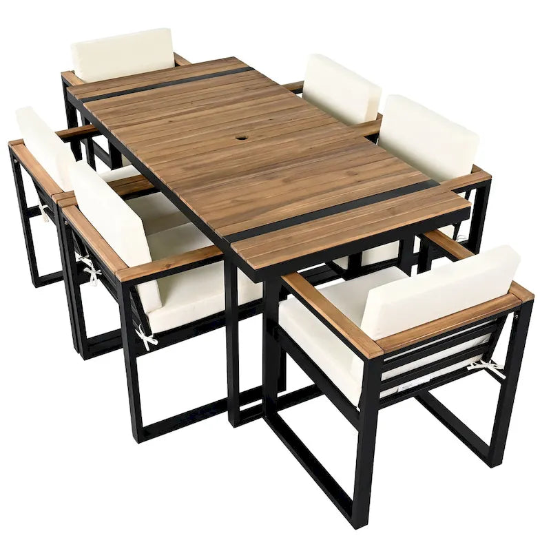 Ensemble de salle à manger et chaises d'extérieur 7 pièces en bois d'acacia, table à manger en bois avec trou pour parasol, chaises avec coussins amovibles