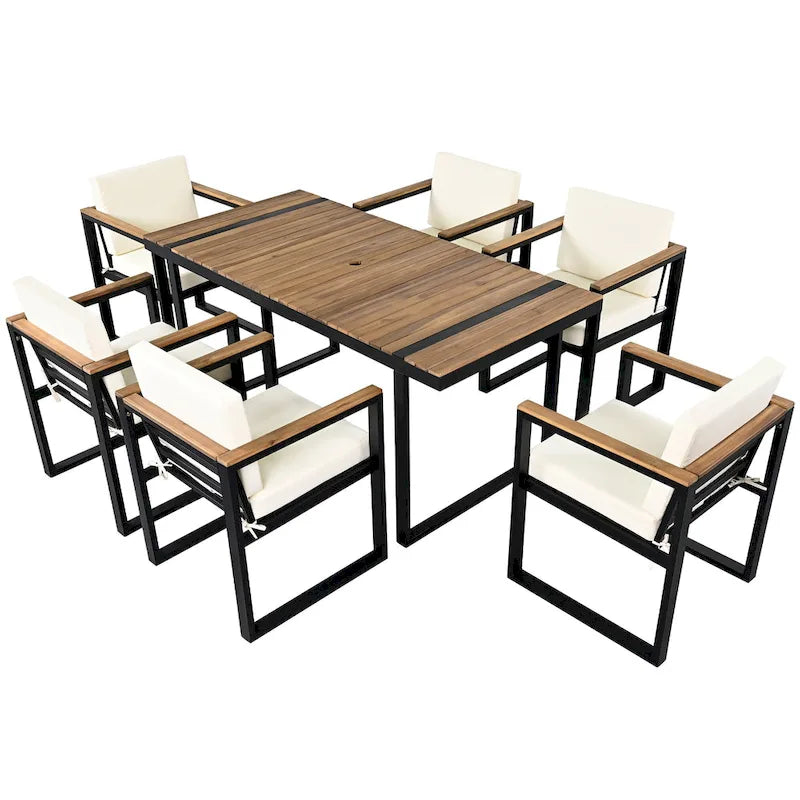 Ensemble de salle à manger et chaises d'extérieur 7 pièces en bois d'acacia, table à manger en bois avec trou pour parasol, chaises avec coussins amovibles