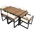 Ensemble de salle à manger et chaises d'extérieur 7 pièces en bois d'acacia, table à manger en bois avec trou pour parasol, chaises avec coussins amovibles
