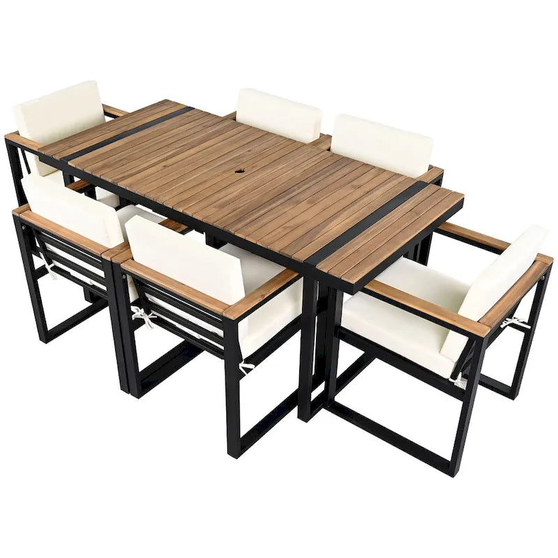 Ensemble de salle à manger et chaises d'extérieur 7 pièces en bois d'acacia, table à manger en bois avec trou pour parasol, chaises avec coussins amovibles