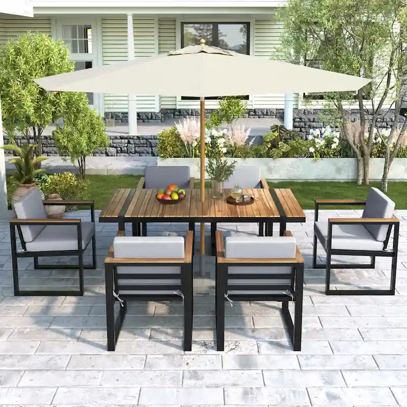 Ensemble de salle à manger et chaises d'extérieur 7 pièces en bois d'acacia, table à manger en bois avec trou pour parasol, chaises avec coussins amovibles