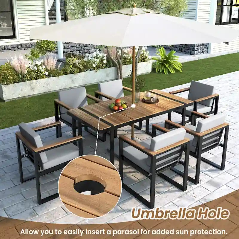 Ensemble de salle à manger et chaises d'extérieur 7 pièces en bois d'acacia, table à manger en bois avec trou pour parasol, chaises avec coussins amovibles