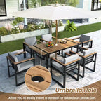 Ensemble de salle à manger et chaises d'extérieur 7 pièces en bois d'acacia, table à manger en bois avec trou pour parasol, chaises avec coussins amovibles
